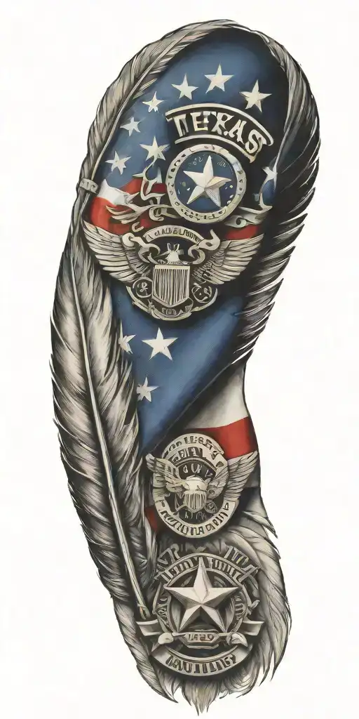 State Of Texas Flag And Police Badge And 10 Feathers And 1 Harley-davidson Motorcycle
