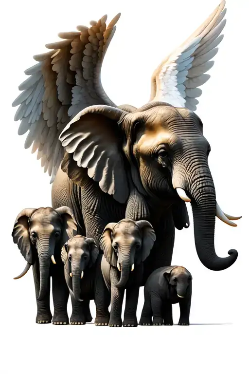 Realistic Elephants Mom And Four Babies One With Angel Wings