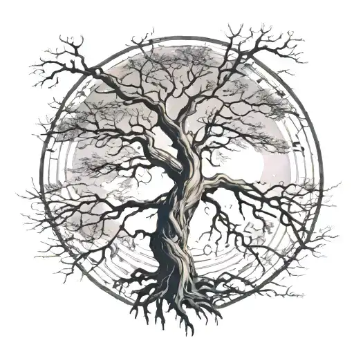 A Leafless Tree That Has A Combo Of The Sun And Moon Above It