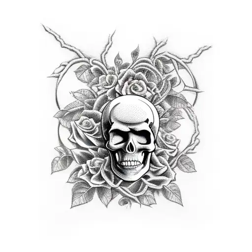 Skeleton Holding An Hour Glass Surrounded By Vines And Skulls