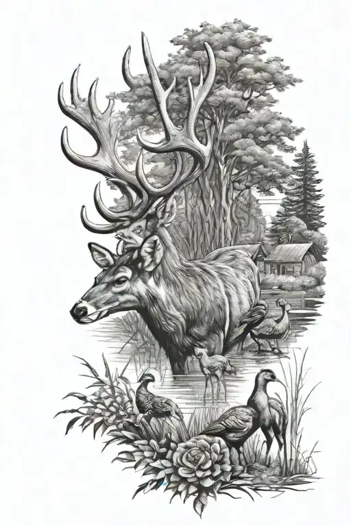 Outdoors With Deer And Turkey And Ducks