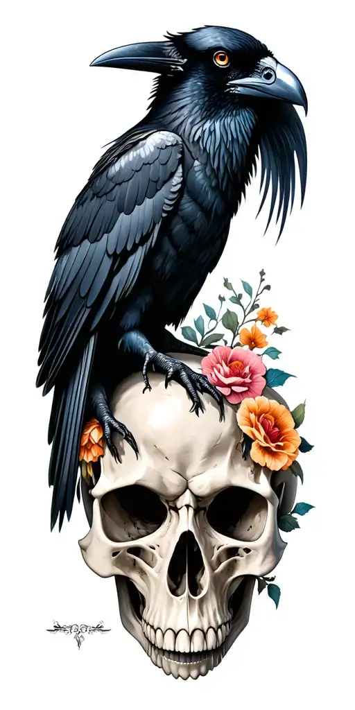 Raven And Zombie Raven On Skull With Flowers