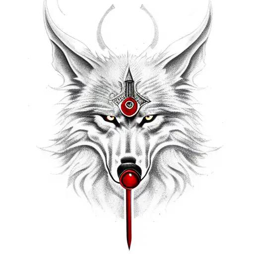 German Sword And Wolf With Red Eyes