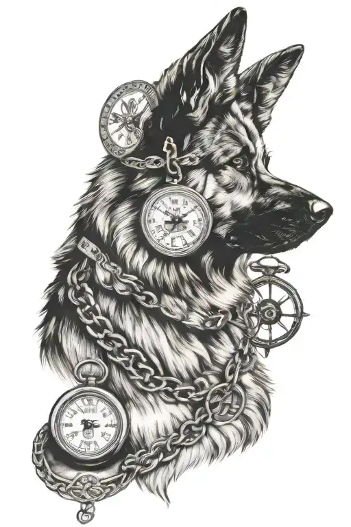 German Shepherd Head With Compass And Pocket Watch