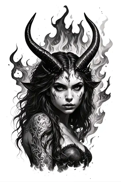 Devil Girl With Horns Surronded By Fire
