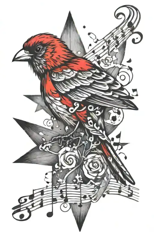 Red Bird With Music Notes And Star