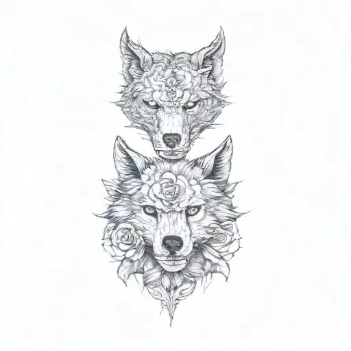 A Skull And A Wolf Blended By Roses