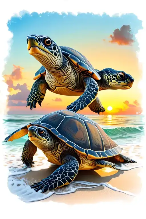 Three Turtles Looking At Sunset On Beach Sunset