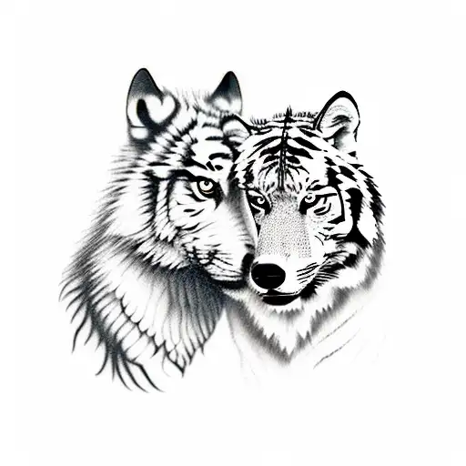 Wolf On Left Tiger On Right Head Bumping