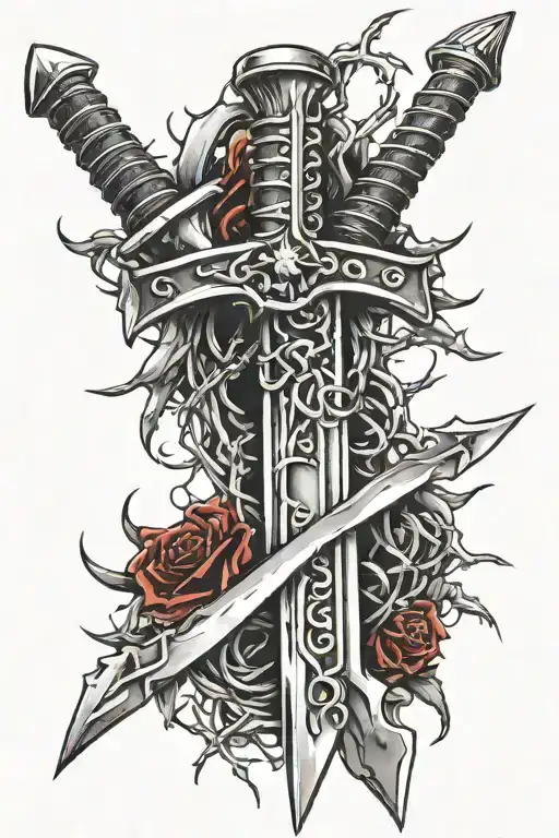 Sword With Barbed Wire Around Handle And Blade With Blood