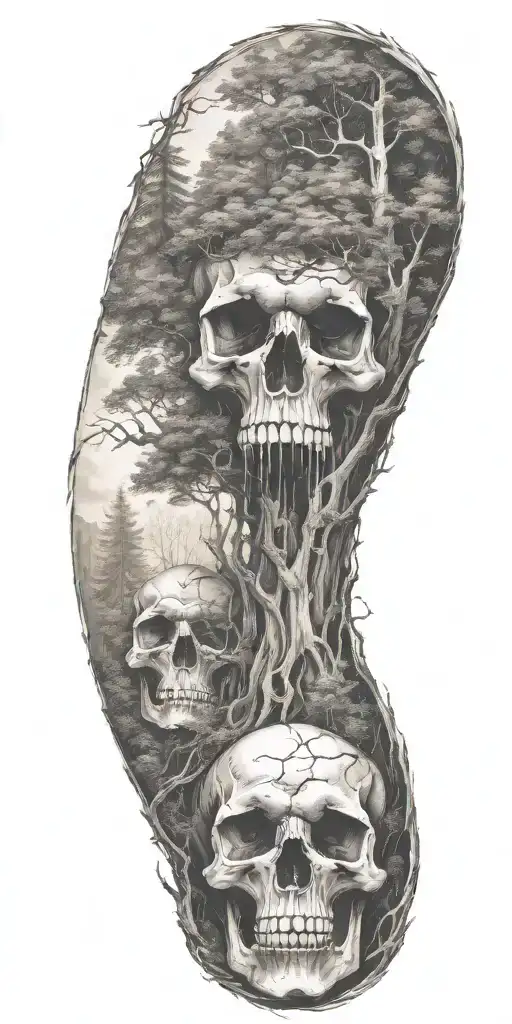 A Mysterious Forest Scene With Towering Trees And Hidden Skulls Scattered Throughout