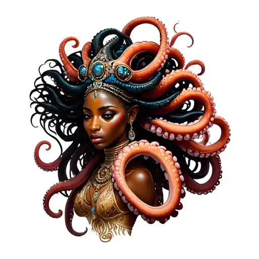 Alien Octopus Tentacles Wrapped Around African Goddess