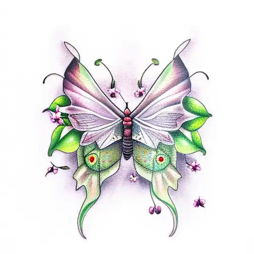 Luna Moth With Cherry Blossom Flowers
