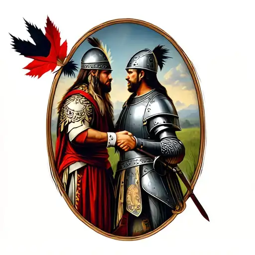 Native Canadian And Old English Knight Shaking Hands
