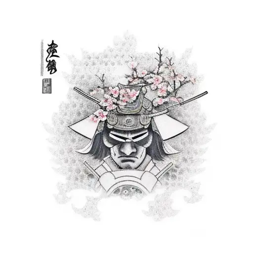 Samurai With Sillouette And Cherry Blossom
