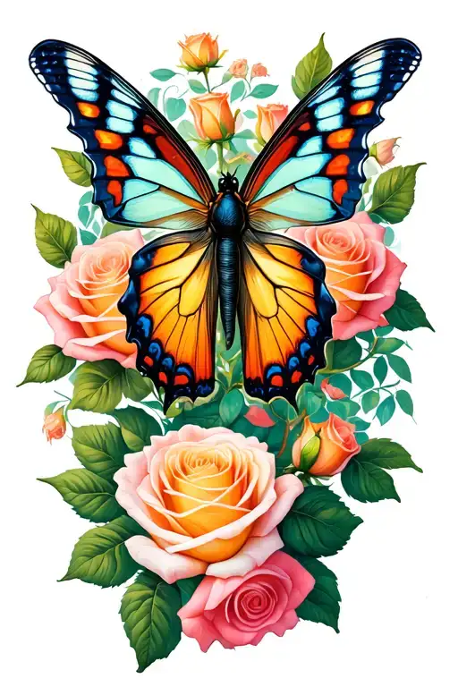 Butter Fly Surrounded In Roses Intertwined