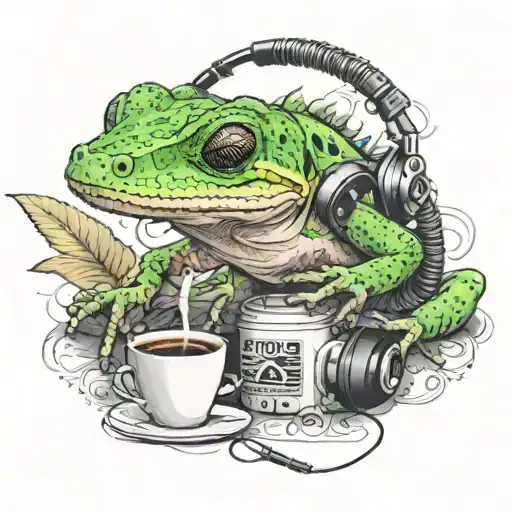 A Realistic Gecko With Headphones Listening To Music While Drinking Coffee