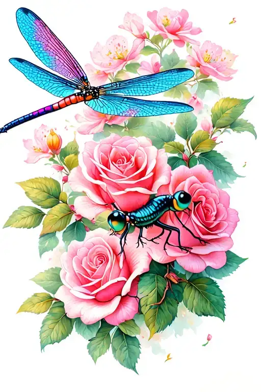 Dragonfly And Roses With Cherry Blossom