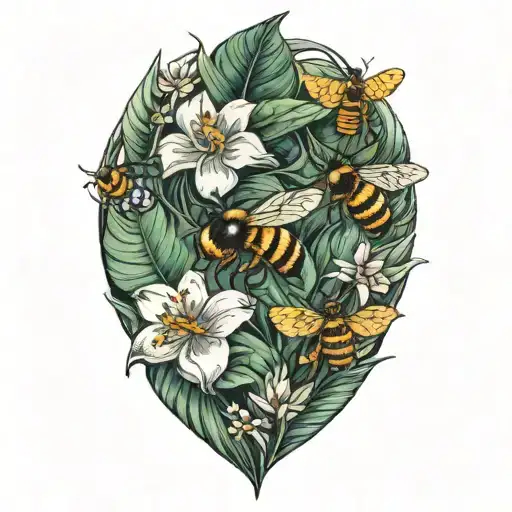 Tropical Leaves With Flowers And Bees