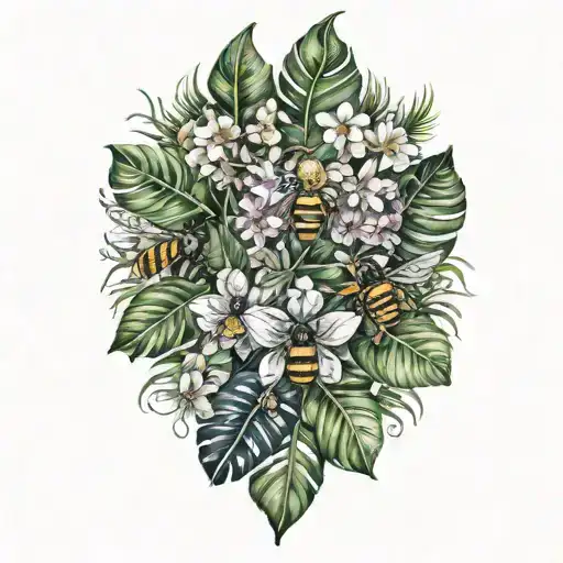 Tropical Leaves With Flowers And Bees
