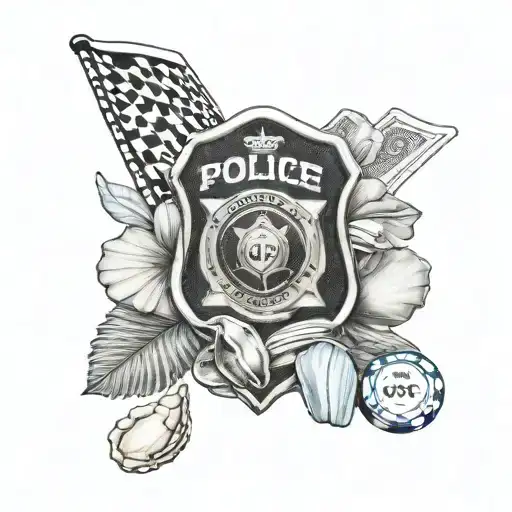 A Realism Style Tattoo Of A Police Badge With Poker Chips And Seashells