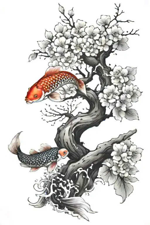 Japanesse Cheery Blossom Tree With Leafs Falling And Koi Fish Swimming At Bottom Yin And Yang