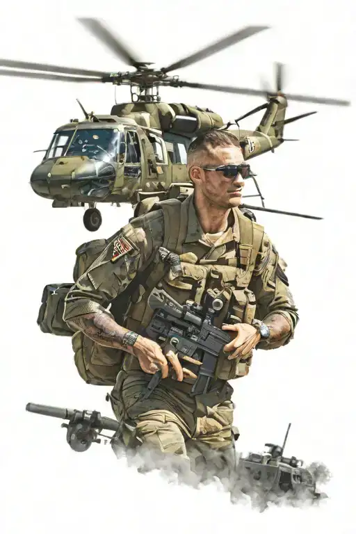 Military Man With A Helicopter Behind Him Like He