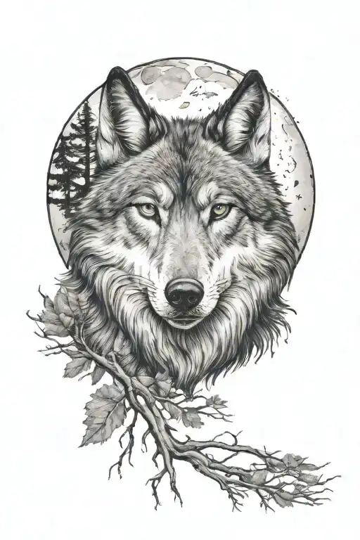 Amerindian Wolf And Moon And Forest