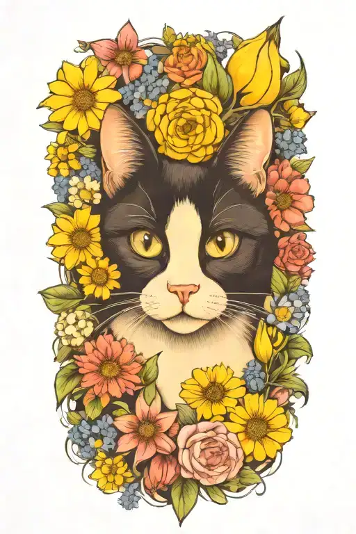 A Tuxedo Cat Surrounded By Flowers Coming