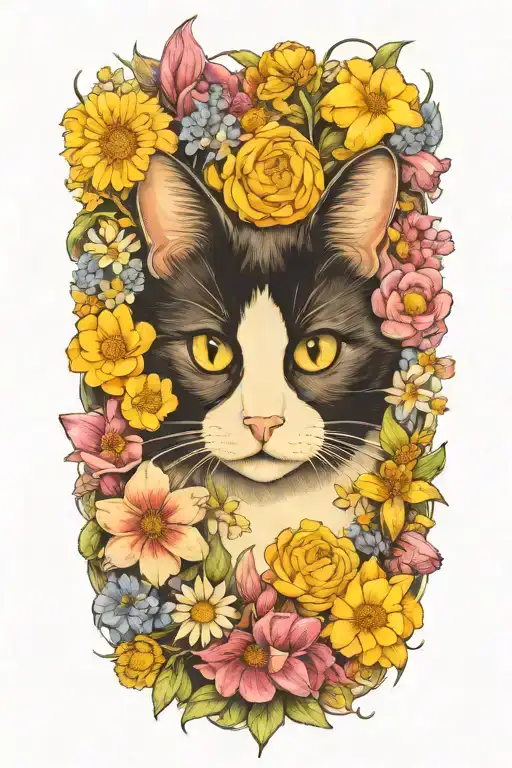 A Tuxedo Cat Surrounded By Flowers