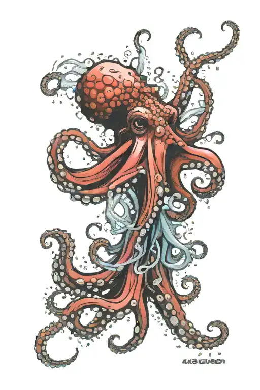 Colorful Red Octopus Squirting Cloud Ink