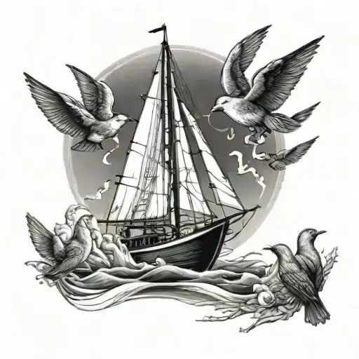Sailboat With Anchor And 3 Birds Flying Above It