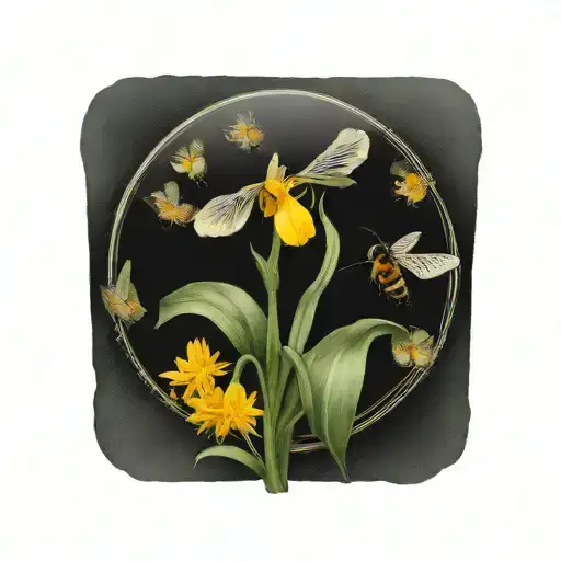 Iris And Dandelion In A Circle With A Very Small Bee