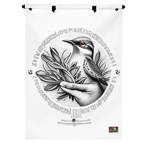 Flicker Bird Holding Sage With Mushrooms And A Banner That Says Michah James