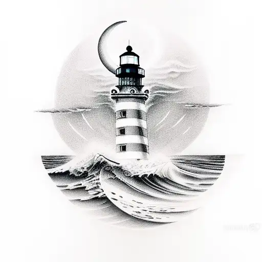 Light House With Moon And Waves Thick Lines