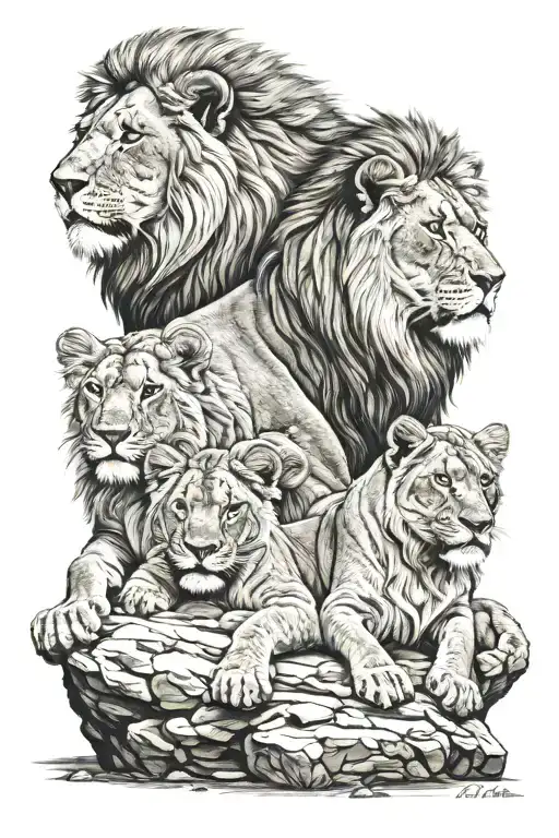 Lion Family Chilling On A Rock Inspired