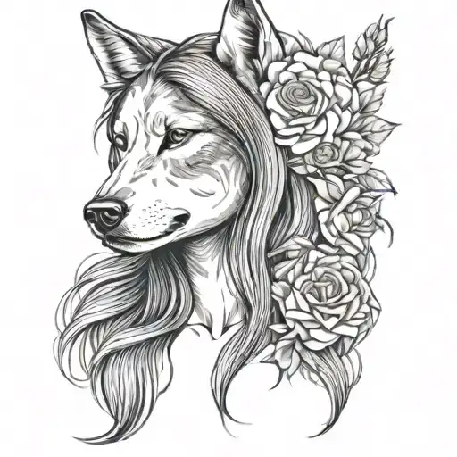 Woman Head With Long Hair Wolf Head And Flower