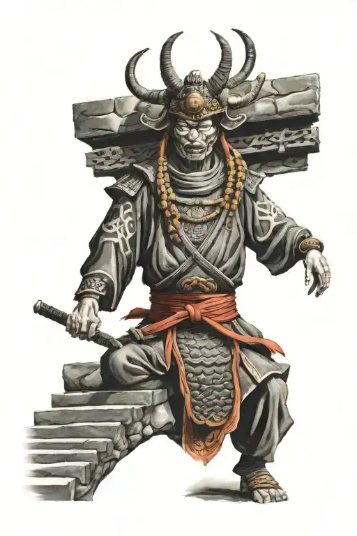 Samurai Holding An Oni Mask Standing At The Bottom Of Stone Steps Leading To A Pagoda