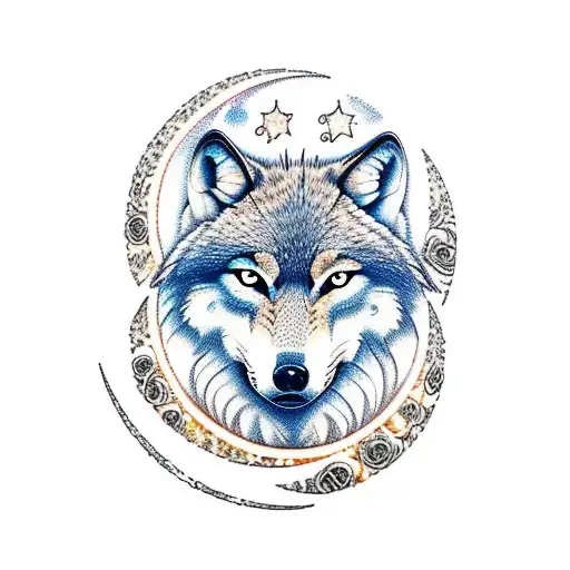 Wolf With Moon And Stars And Roses