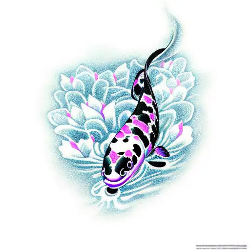 Realistic Black Koi Swimming Among Violet Flowers