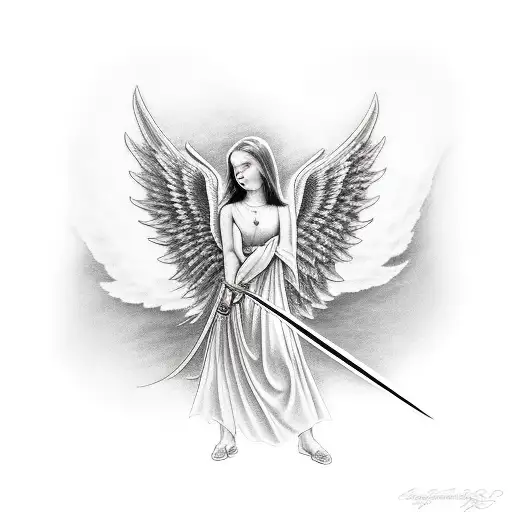 Tattoo Of Angel With A Sword With The Word Korinthians Above It