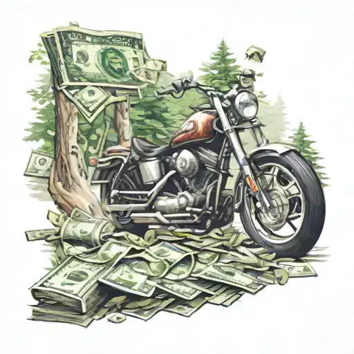 A Motorcycle Speeding Down A Winding Road Through A Forest With Dollar Bills Flying In The Air