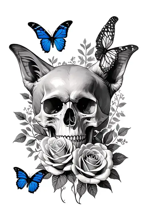 Skull And Roses With Butterflys And A Wolf Head