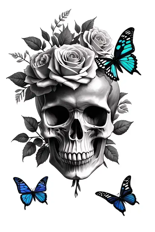 Skull And Roses With Butterflys And Native American Skull