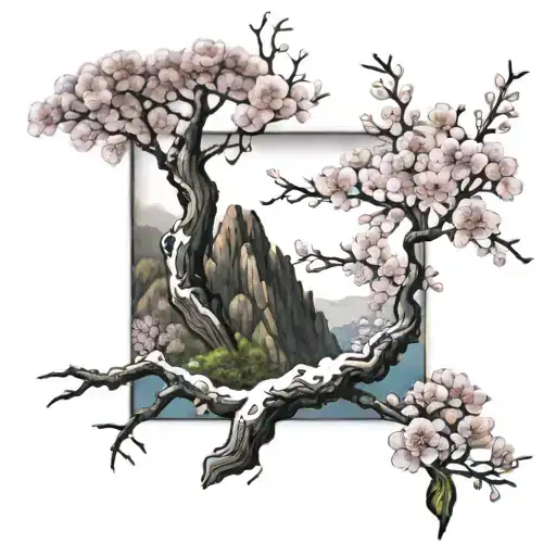 Korean Landscape With Cherry Blossom Branches