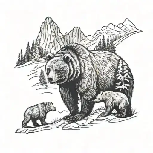 Bear With Two Children In The Forest And Mountain Landscape With A