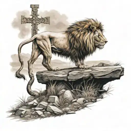 Lion Above 3 Crosses On A Hill
