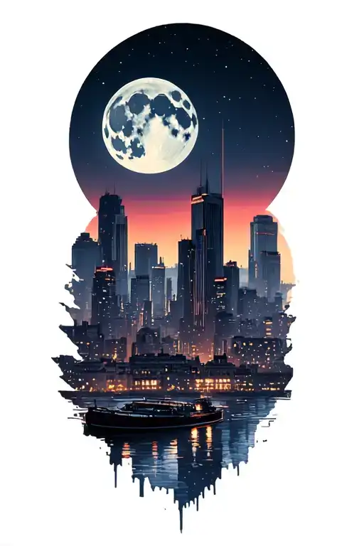 Cityscape And Full Moon