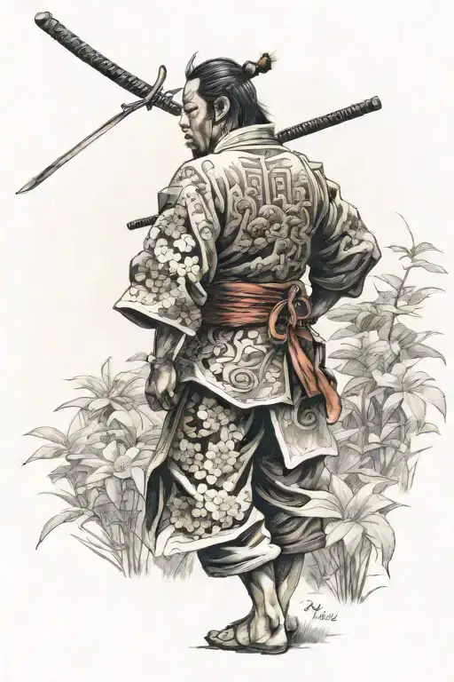 I Want A Samurai Seen From Behind Standing In An Asian Garden