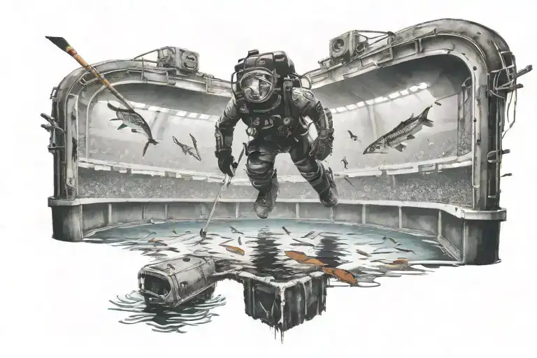 A Diver Exploring A Sunken Hockey Arena With Fish Swimming Around The Seats